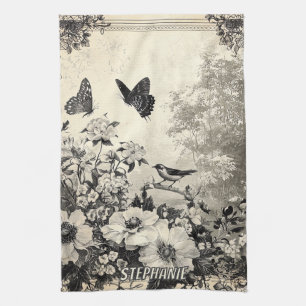 Blume, Vögel und Schmetterlinge auf Altpapier (3) Geschirrtuch