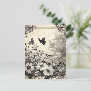 Blume, Vögel und Schmetterlinge auf Altpapier (3) Postkarte