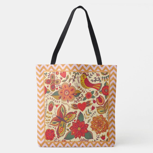 Blume Vögel und Schmetterlinge Boho Chic Tasche (Vorderseite)