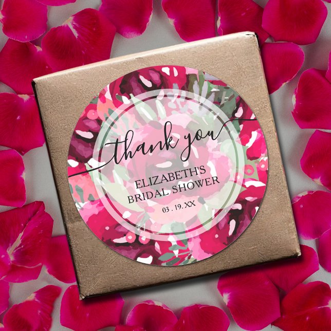 Blume von Aquarell Pink Vielen Dank Runder Aufkleber (Watercolor hot pink flowers thank you bridal shower round stickers)