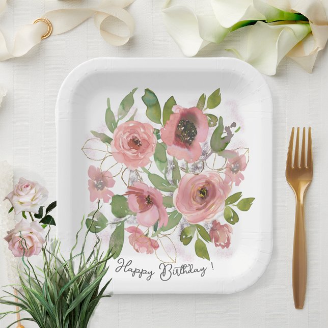Blume von Aquarellfarben auf Weiß Pappteller (Watercolor Pink flowers on White Paper Plates)