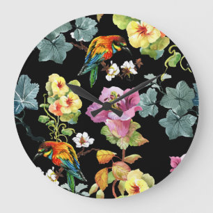Blume von Aquarellvögeln: farbenfroh, nahtlos. Große Wanduhr