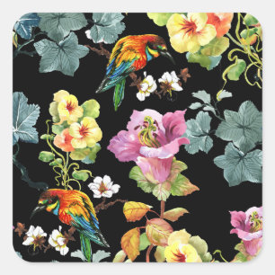 Blume von Aquarellvögeln: farbenfroh, nahtlos. Quadratischer Aufkleber