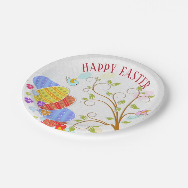 Blume von bunten Eiern und Vögeln - frohe Ostern Pappteller (Schrägansicht)