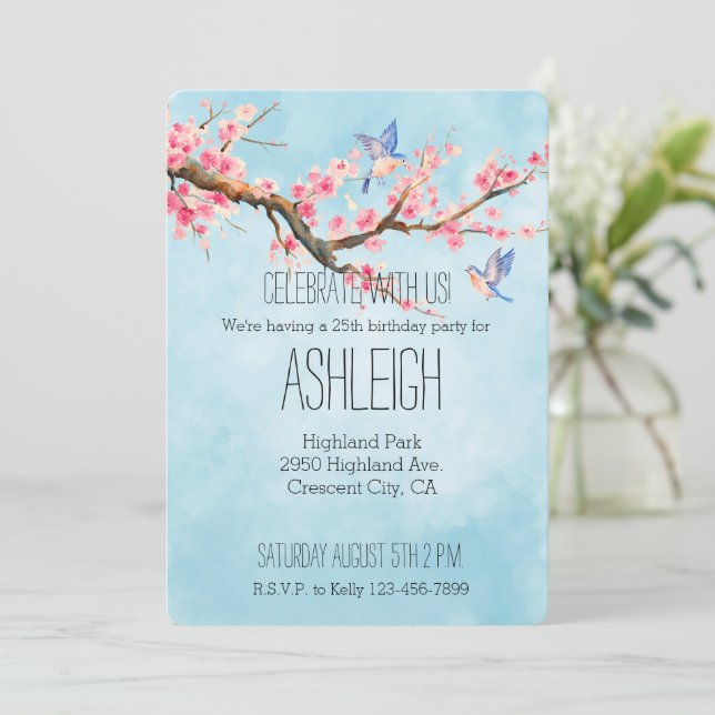 Blume von Cherry Blossom Vögel   Einladung (Stehend Vorderseite)