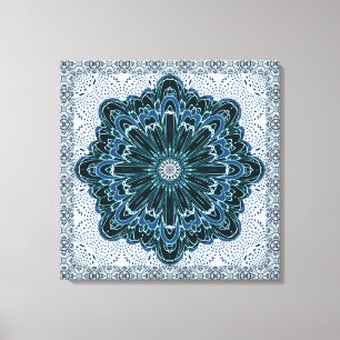 Blume von Fraktal in Aquamarin blauer, ummantelter Leinwanddruck