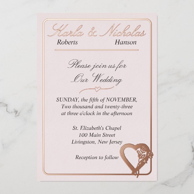 Blume von Herz und Rose, Rosa Hochzeit Folieneinladung (Vorderseite)