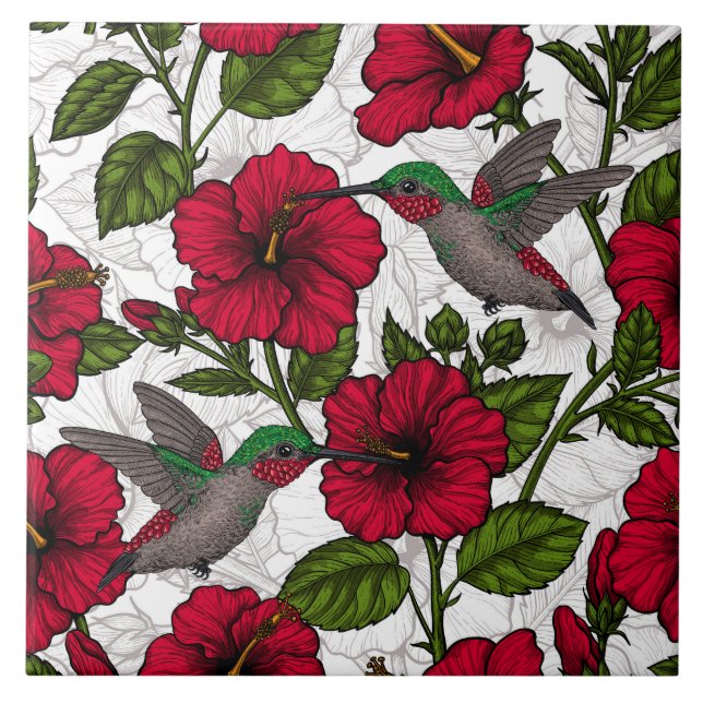 Blume von Hibisken und Kolibri Fliese (Vorderseite)