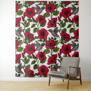 Blume von Hibisken und Kolibri Wandteppich
