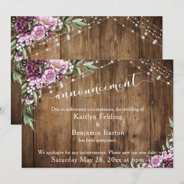 Blume von Holzleuchten vertagt Hochzeitsankündigun Einladung (Vorne/Hinten)