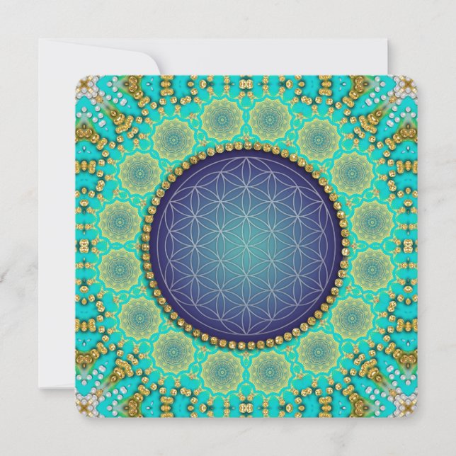 Blume von Life Bohemisch Gold Blue & Green Einladung (Vorderseite)