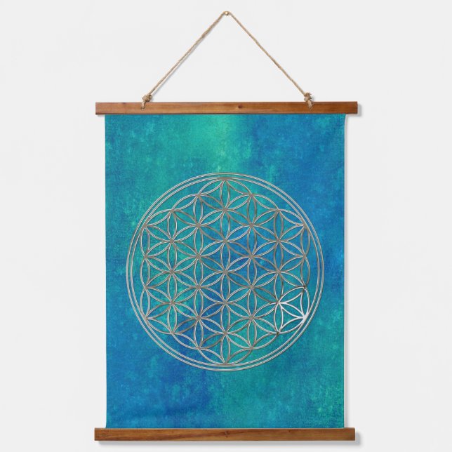 BLUME von LIFE - Heilige Geometrie - Silberstil Wandteppich Mit Holzrahmen (Vorderseite)