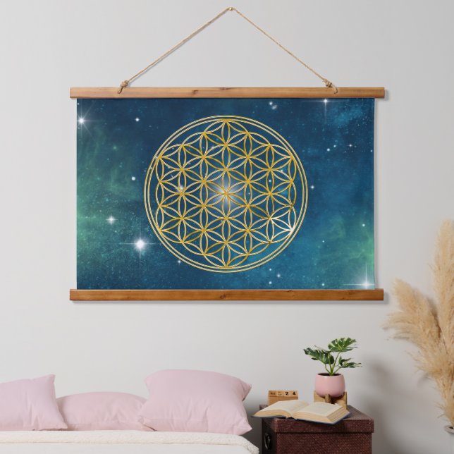 BLUME von LIFE - Sacred Geometrie Golden Style Wandteppich Mit Holzrahmen (Schlafzimmer)