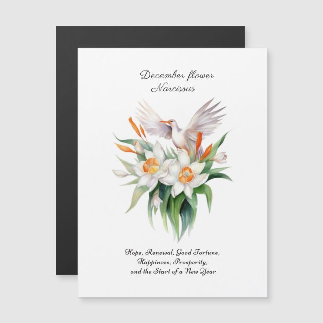 Blume von Narcissus mit dem Floralvogel im Dezembe Magnetkarte (Vorne/Hinten)