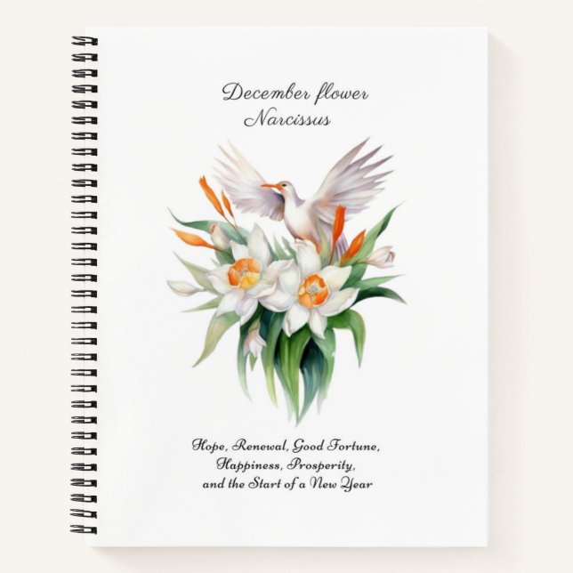 Blume von Narcissus mit dem Floralvogel im Dezembe Notizbuch (Vorderseite)