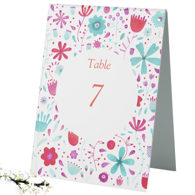Blume Wasserfarbe Aquamarin Tischaufsteller (Modern floral watercolor table number tent sign)