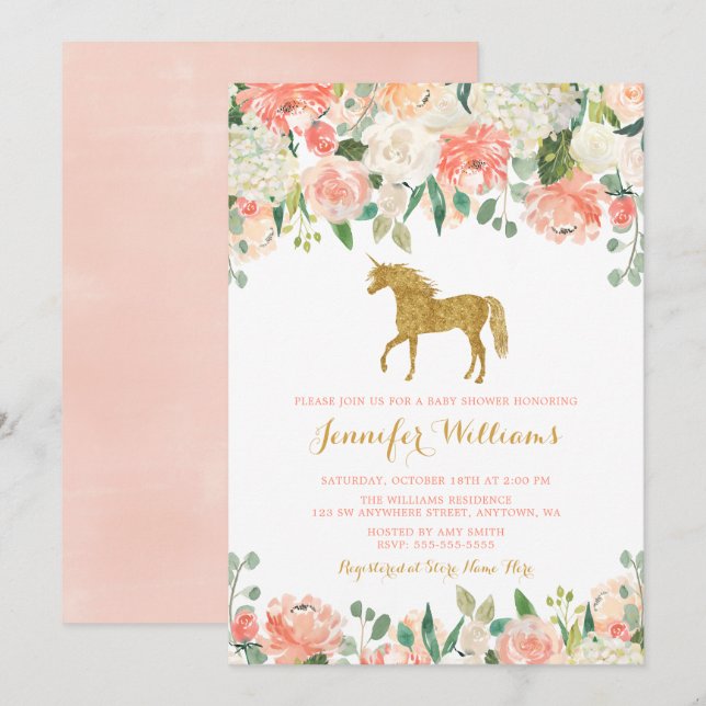Blume Wasserfarbe Einhorn Kinderdusche Einladungen (Vorne/Hinten)