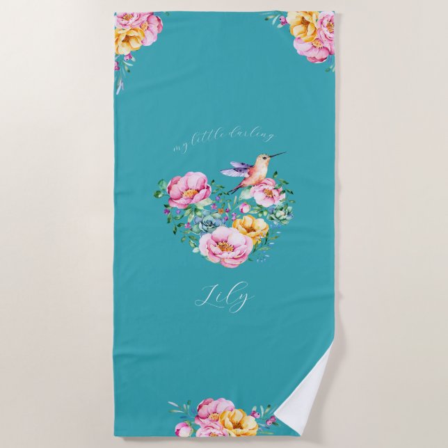 Blume Wasserfarbe Herz und Hummingvogel Strandtuch (Vorderseite)