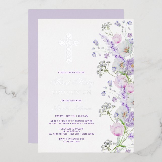 Blume Wasserfarbe Lilac Erste Kommune Folieneinladung (Vorderseite/Rückseite)