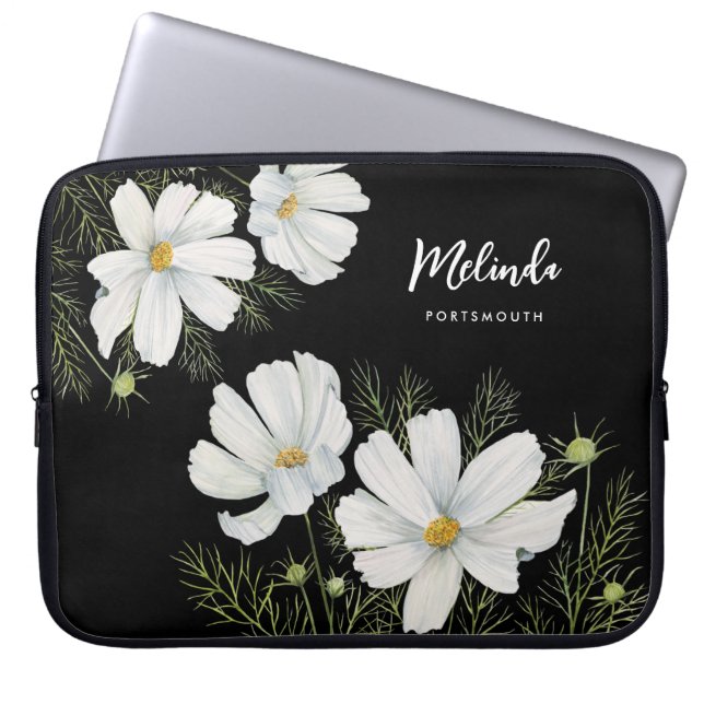 Blume Wasserfarbe Weißer Kosmos Botanische Malerei Laptopschutzhülle (Vorderseite)