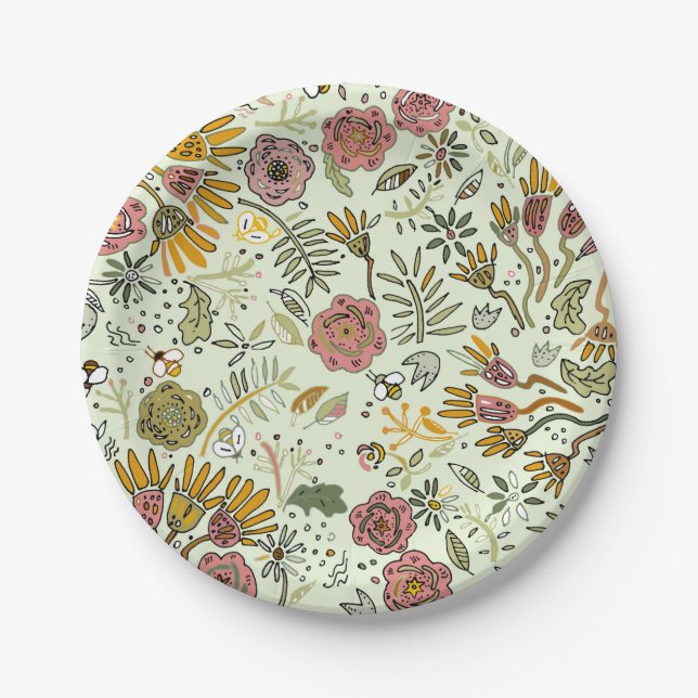 Blume Wasserfarbene Bienen Elegante Moderne Pappteller (Vorderseite)