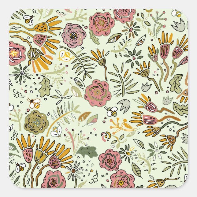 Blume Wasserfarbene Bienen Elegante Moderne Quadratischer Aufkleber (Vorderseite)