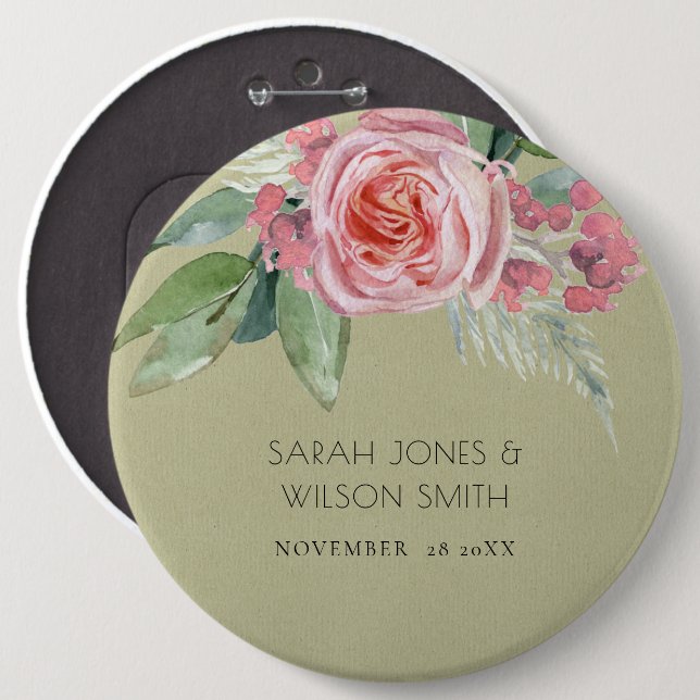 Blume WASSERFARBPINK GREEN FOLIAGE WEDD Button (Vorne & Hinten)