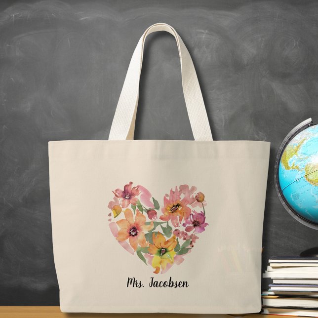 Blume Watercolor Herzlehrer Bewertung Jumbo Stoffbeutel (Watercolor Flower Heart Teacher Appreciation Large Tote Bag
)
