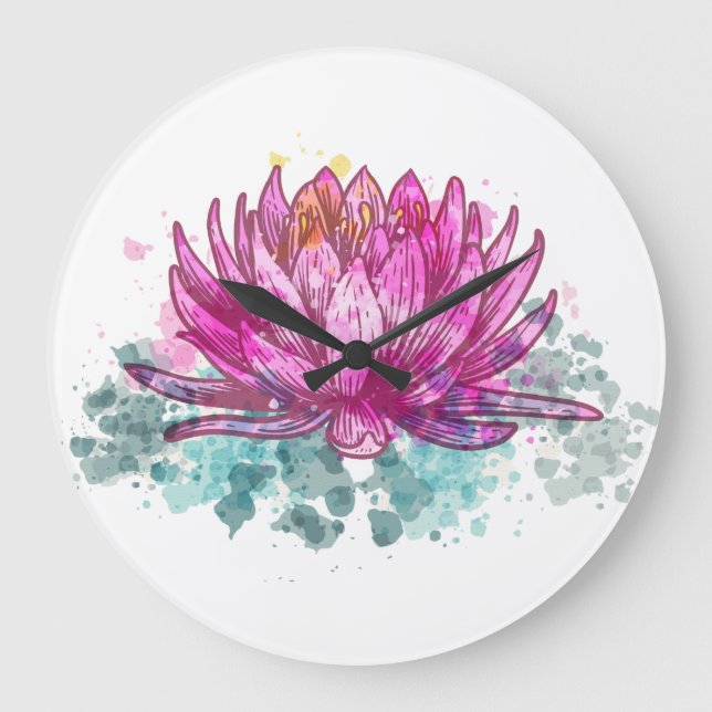 Blume Watercolor Pink Lotus Große Wanduhr (Vorderseite)