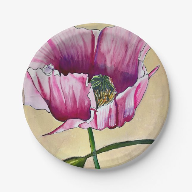 Blume Watercolor Pink Poppe Pappteller (Vorderseite)