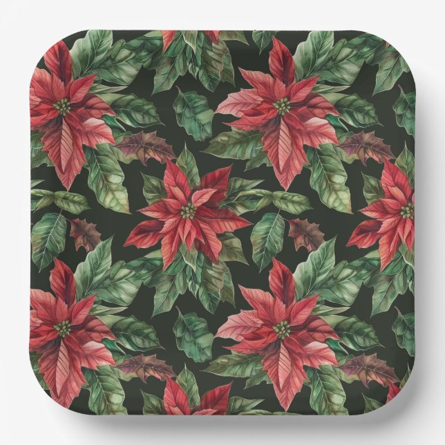 Blume Watercolor Poinsettia Weihnachten Pappteller (Vorderseite)