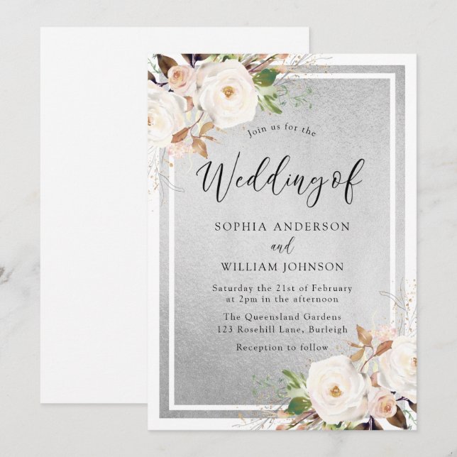 Blume Weiß und Rot Silver Elegante Hochzeit Einladung (Vorne/Hinten)