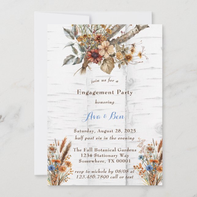 Blume Weißer Birch Tree Engagement Partei Einladung (Vorderseite)