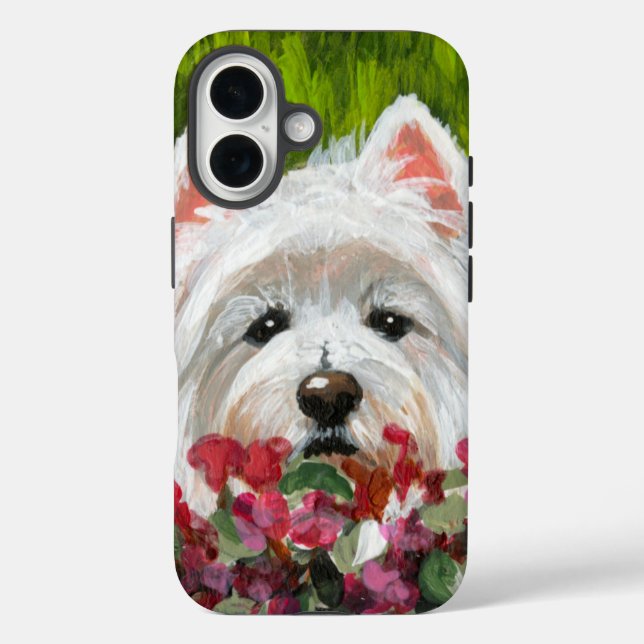 Blume Westie und Pink iPhone 16 Hülle (Rückseite)