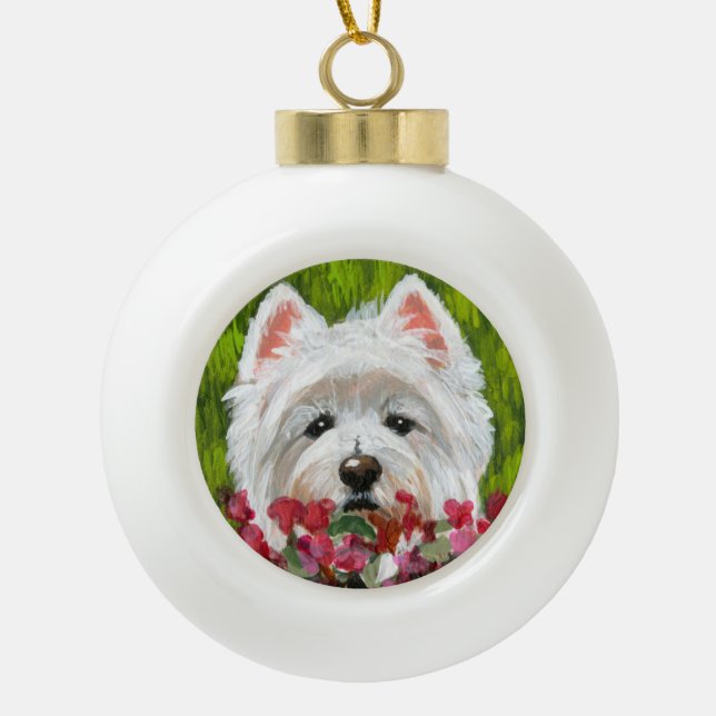 Blume Westie und Pink Keramik Kugel-Ornament (Vorderseite)