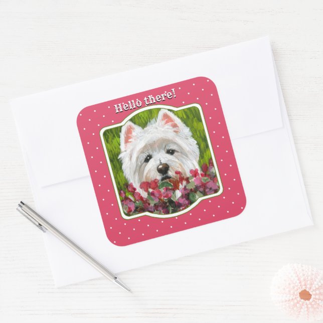 Blume Westie und Pink Quadratischer Aufkleber (Umschlag)