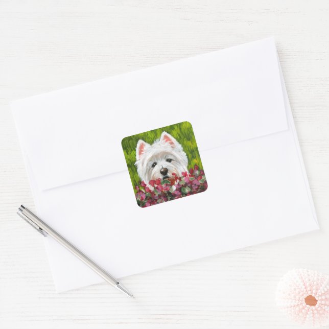 Blume Westie und Pink Quadratischer Aufkleber (Umschlag)