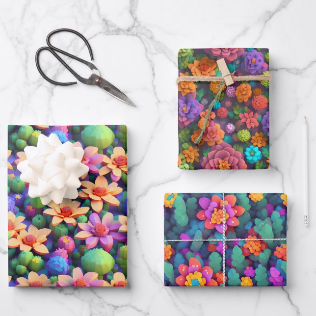 Blume Wrapping Paper - Helles, mehrfarbiges Voxel Geschenkpapier Set (Vorderseite)