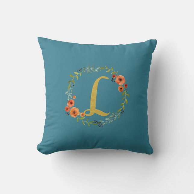Blume Wreath Gold Monogram Initial L Cushion Aquam Kissen (Vorderseite)