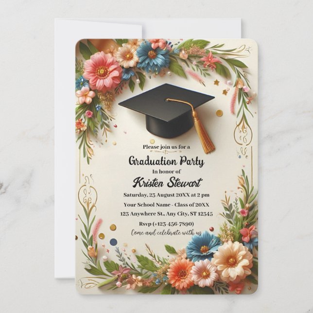 Blume Wreath Graduation Party Einladung (Vorderseite)