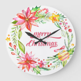 Blume Wreath Moderne Typografie Frohe Weihnachten Große Wanduhr