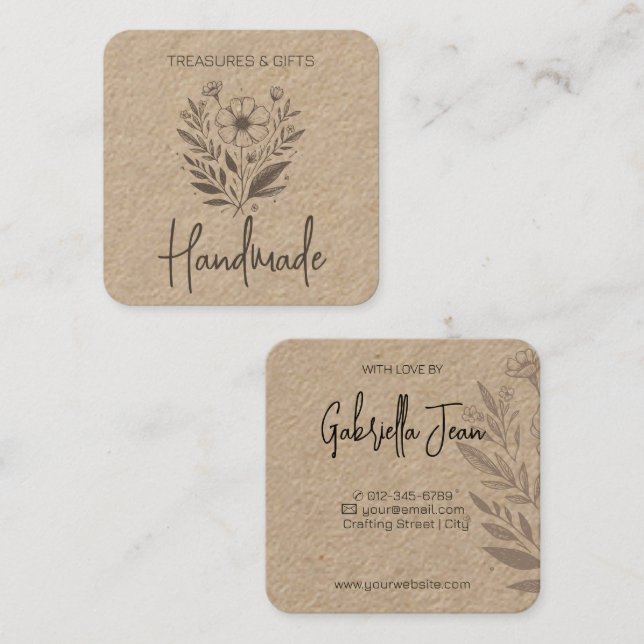 Blume Zeichnend Handgewerbe Einfaches Kraftpapier Quadratische Visitenkarte (Vorne/Hinten)