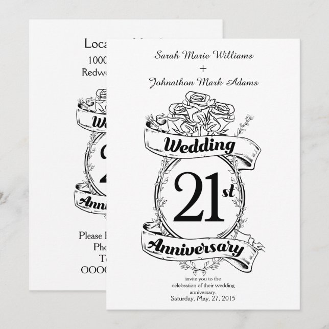 Blume zum 21. Hochzeitstag Einladung (Vorne/Hinten)