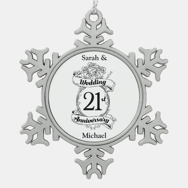 Blume zum 21. Hochzeitstag Schneeflocken Zinn-Ornament (Vorderseite)