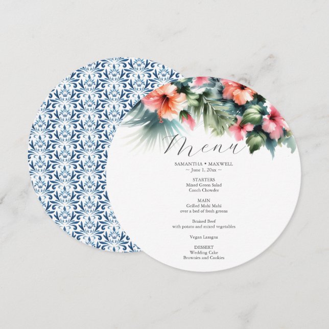 Blume zum Hochzeitmenü Hibiskus mit Wasserfarbe Menükarte (Vorne/Hinten)