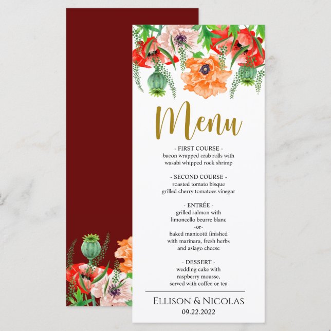 Blume zum Hochzeitsessen im Wasserfarbenpicknickwe Menükarte (Vorne/Hinten)