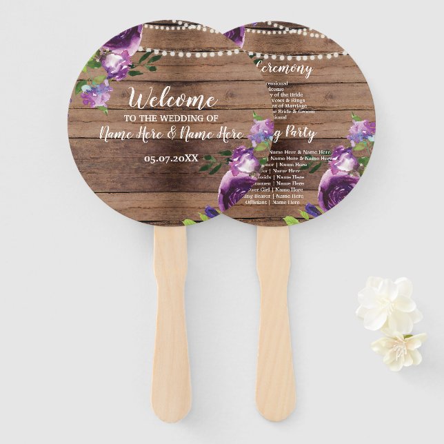 Blume zum Hochzeitsprogramm für lila Holzflora Fächer (Vorne und Hinten)