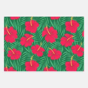 Blume zum Roten Hibiskus auf den tropischen grünen Geschenkpapier Set