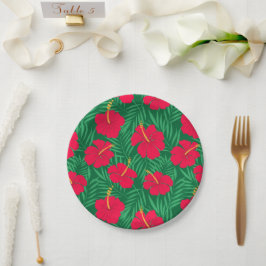Blume zum Roten Hibiskus auf den tropischen grünen Pappteller