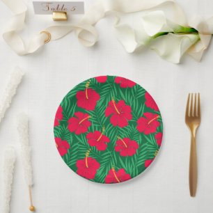 Blume zum Roten Hibiskus auf den tropischen grünen Pappteller